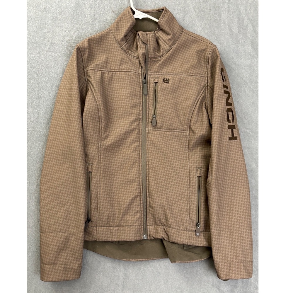 Cinch Womens Tan Houndstooth Bonded Softshell Fleece Lined Jacket Large